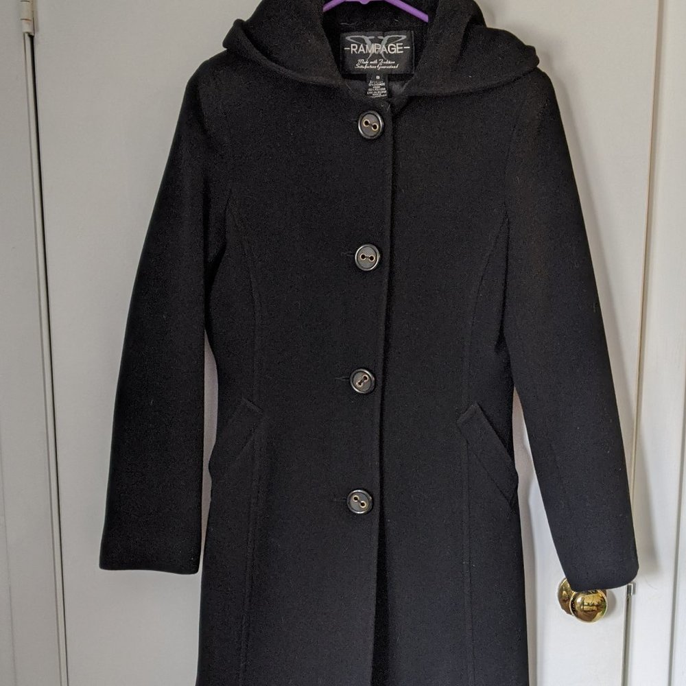 Black long dress coat with hood